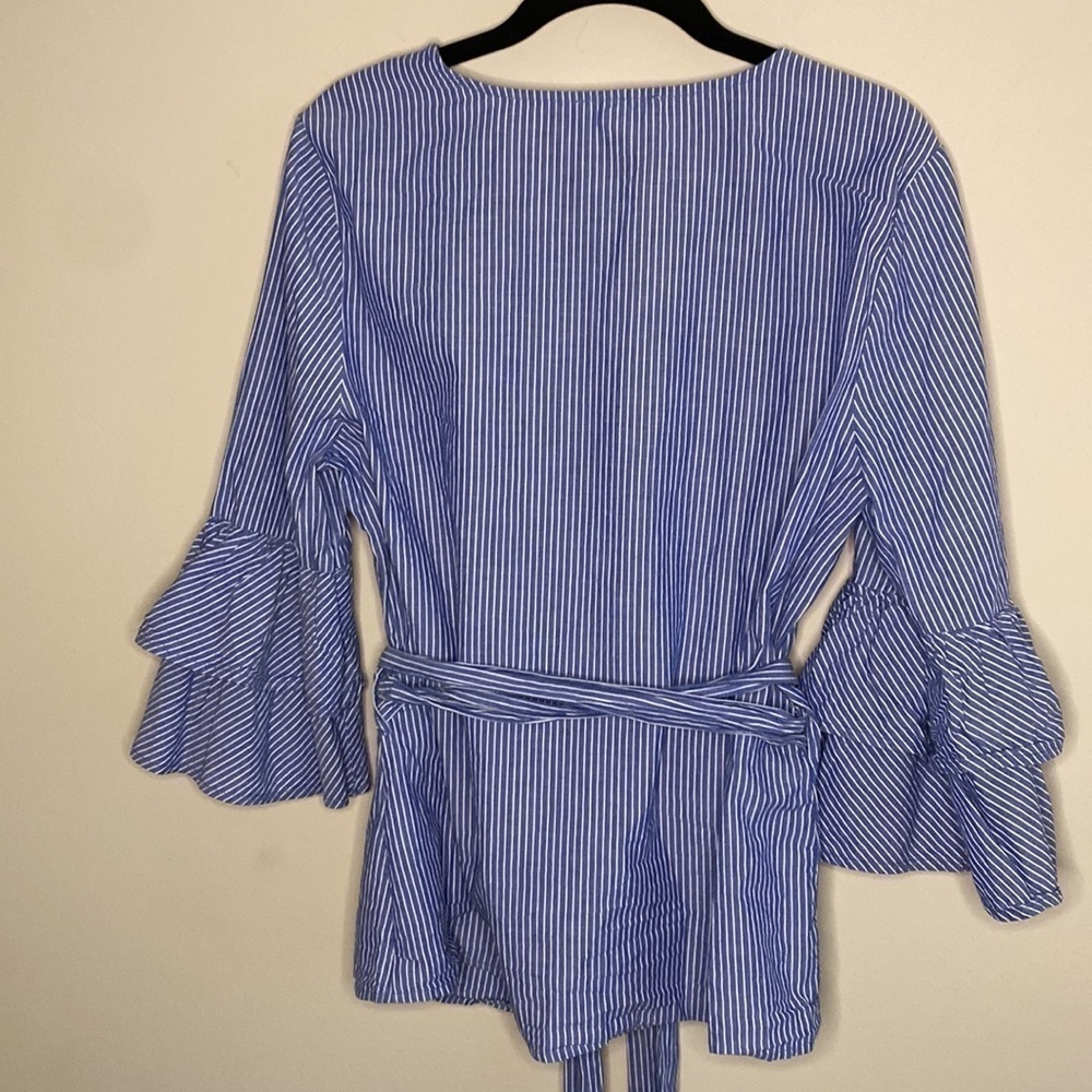 BEACH Lunch Lounge Collection Cotton Faux Wrap Shirt SzM Blue White Pin Stripe - Picture 2 of 16